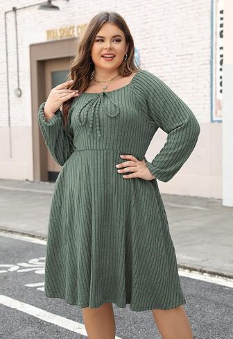 Nemidor Womens Plus Size Casual Fall Dress Square Neck Long Sleeve Ribbed Swing Sweater Dresses with Pocket in Saudi Arabia