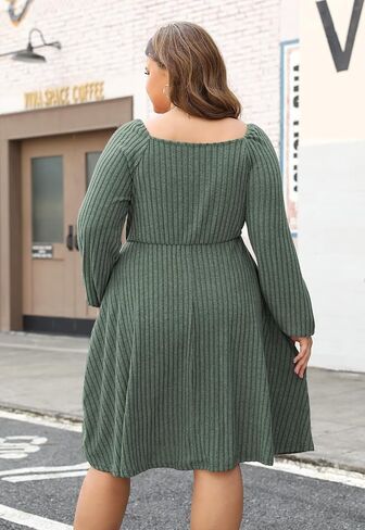 Nemidor Womens Plus Size Casual Fall Dress Square Neck Long Sleeve Ribbed Swing Sweater Dresses with Pocket in Saudi Arabia