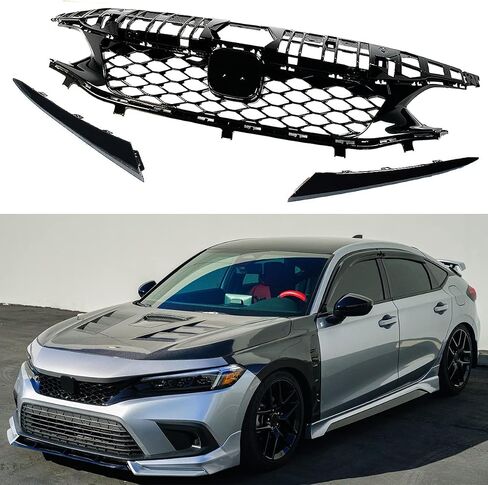 شبكة سوداء لامعة بديلة من النوع R نمط شبكة أمامية مزخرفة متوافقة مع 2022 2023 Honda Civic Si & Hatchback in Saudi Arabia