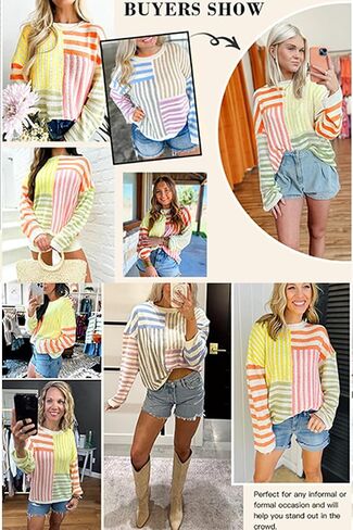 البلوزات النسائية Crewneck المتضخم كم طويل مخطط كتلة اللون فضفاضة متماسكة البلوز القمم in Saudi Arabia