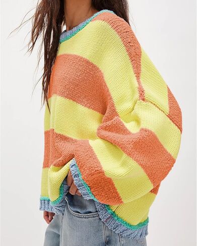 Songling Women Tops Casual Color Block Striped Long Sleeve Cute Outfits Knit Summer Fashion Clothing Pullover Sweaters in Kuwait