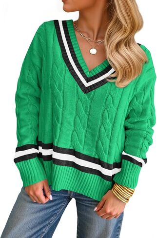 Saodimallsu Womens V Neck Cable Knit Sweaters Long Sleeve Color Block Preppy Sweater Fall Loose Casual Pullover Tops in Saudi Arabia