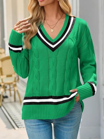 Saodimallsu Womens V Neck Cable Knit Sweaters Long Sleeve Color Block Preppy Sweater Fall Loose Casual Pullover Tops in Saudi Arabia