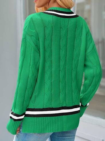 Saodimallsu Womens V Neck Cable Knit Sweaters Long Sleeve Color Block Preppy Sweater Fall Loose Casual Pullover Tops in Saudi Arabia