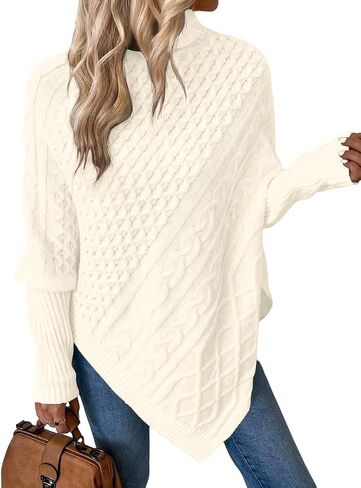 ZAFUL Women's Asymmetrical Turtleneck Poncho Sweaters Drop Shoulder Cable Knit Casual Pullover Sweater in Saudi Arabia