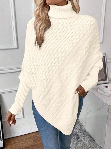 ZAFUL Women's Asymmetrical Turtleneck Poncho Sweaters Drop Shoulder Cable Knit Casual Pullover Sweater in Saudi Arabia
