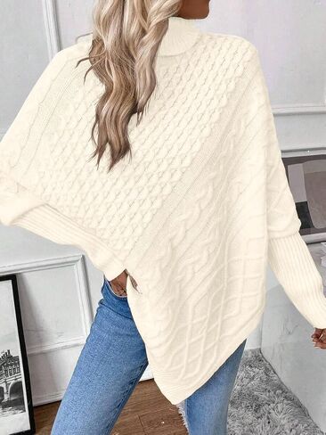 ZAFUL Women's Asymmetrical Turtleneck Poncho Sweaters Drop Shoulder Cable Knit Casual Pullover Sweater in Saudi Arabia