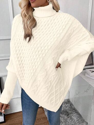 ZAFUL Women's Asymmetrical Turtleneck Poncho Sweaters Drop Shoulder Cable Knit Casual Pullover Sweater in Saudi Arabia
