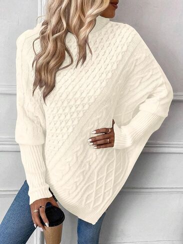 ZAFUL Women's Asymmetrical Turtleneck Poncho Sweaters Drop Shoulder Cable Knit Casual Pullover Sweater in Saudi Arabia