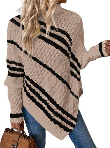 ZAFUL Women's Asymmetrical Turtleneck Poncho Sweaters Drop Shoulder Cable Knit Casual Pullover Sweater in Saudi Arabia