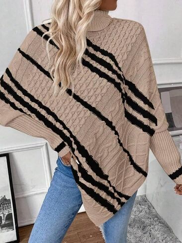 ZAFUL Women's Asymmetrical Turtleneck Poncho Sweaters Drop Shoulder Cable Knit Casual Pullover Sweater in Saudi Arabia
