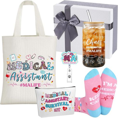 Mimorou 6 Pcs Medical Assistant Gift Set for Women Canvas Tote Bag Cosmetic Bag 16oz Glass Cup Pink Glitter Badge Reel Novelty Socks Unique Appreciation Gifts for Medical Assistants Week in Saudi Arabia