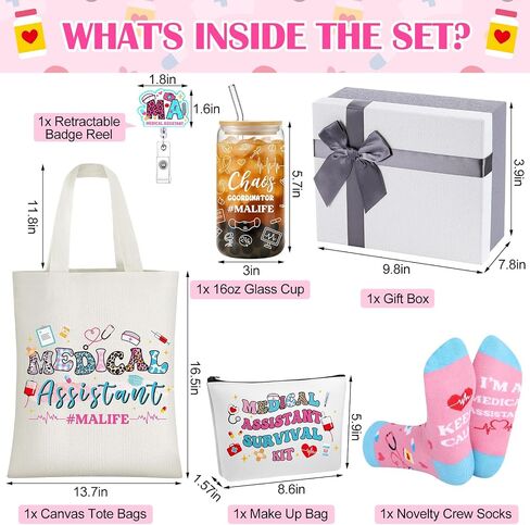 Mimorou 6 Pcs Medical Assistant Gift Set for Women Canvas Tote Bag Cosmetic Bag 16oz Glass Cup Pink Glitter Badge Reel Novelty Socks Unique Appreciation Gifts for Medical Assistants Week in Saudi Arabia