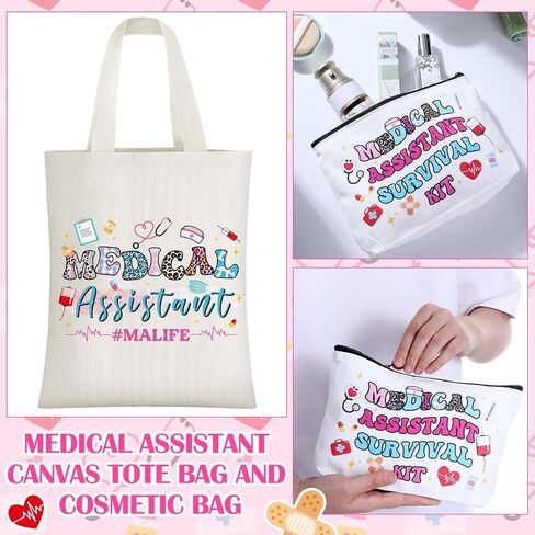 Mimorou 6 Pcs Medical Assistant Gift Set for Women Canvas Tote Bag Cosmetic Bag 16oz Glass Cup Pink Glitter Badge Reel Novelty Socks Unique Appreciation Gifts for Medical Assistants Week in Saudi Arabia