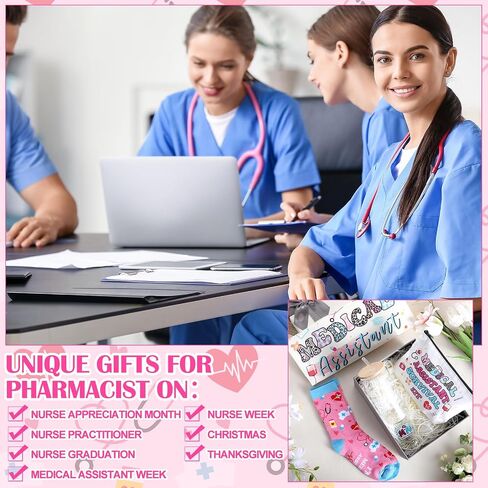 Mimorou 6 Pcs Medical Assistant Gift Set for Women Canvas Tote Bag Cosmetic Bag 16oz Glass Cup Pink Glitter Badge Reel Novelty Socks Unique Appreciation Gifts for Medical Assistants Week in Saudi Arabia