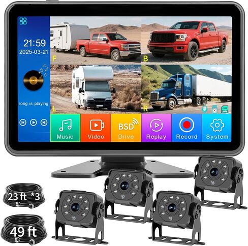 RV Backup Camera System Wired for Truck, 5 Channel 10-Inch Full Touch BSD IPS Monitor HD 1080P Waterproof DVR Recording IR Night Vision Rear View Camera for Truck, RV, Trailer, Tractor, Camper in Kuwait