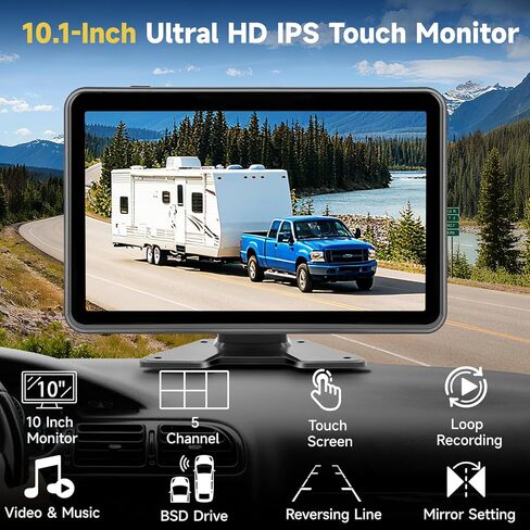 RV Backup Camera System Wired for Truck, 5 Channel 10-Inch Full Touch BSD IPS Monitor HD 1080P Waterproof DVR Recording IR Night Vision Rear View Camera for Truck, RV, Trailer, Tractor, Camper in Kuwait