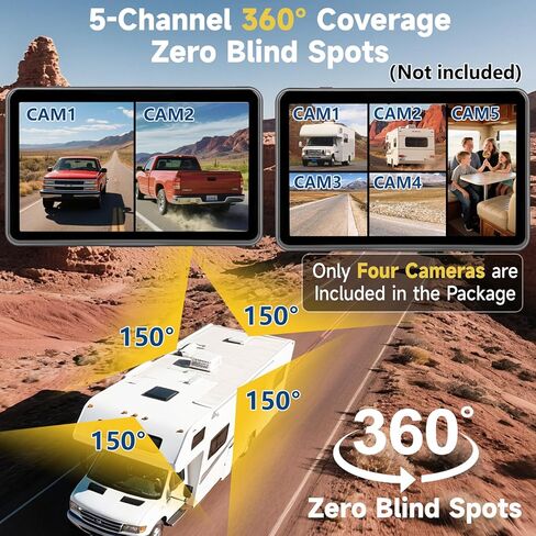 RV Backup Camera System Wired for Truck, 5 Channel 10-Inch Full Touch BSD IPS Monitor HD 1080P Waterproof DVR Recording IR Night Vision Rear View Camera for Truck, RV, Trailer, Tractor, Camper in Kuwait