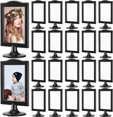 Amyhill 20 Pcs Double Sided Standing Picture Frames 4 x 6 Pedestal Photo Frame Plastic Each Holds 2 Pictures Tabletop Vertical Display for Wedding Table Bridal(Black) in Saudi Arabia