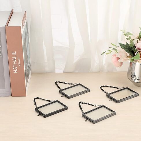 JUXYES Set of 4 Mini Brass Wall Hanging Photo Frame, Glass Hanging Picture Artwork Display Frame, Double Glass Floating Frame Style Gallery Wall Frame for Picture, Pressed Flower, etc (Gold,Vertical) in Saudi Arabia
