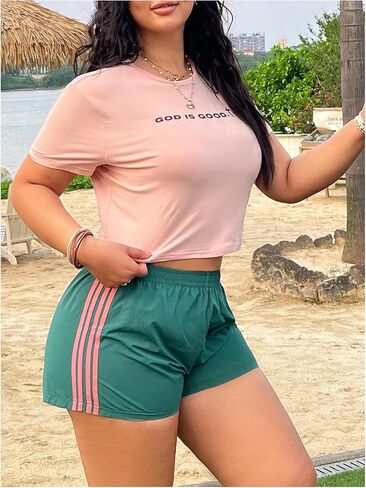 Women's Plus Size Striped Athletic Shorts Elastic Waist Running Mini Track Shorts in Saudi Arabia
