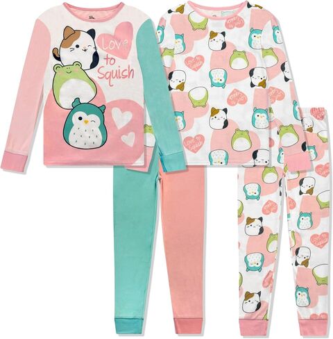 Squishmallows 4 Piece Pajama Set - Girls PJ Set with Long Sleeve Shirt & Pants - Pink Sleepwear Set - Official License in Saudi Arabia