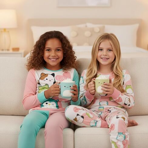 Squishmallows 4 Piece Pajama Set - Girls PJ Set with Long Sleeve Shirt & Pants - Pink Sleepwear Set - Official License in Saudi Arabia