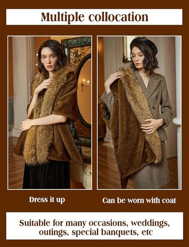 BEAUTELICATE Women Faux Mink Fur Shawl Faux Fox Fur Trim Cover Up Stole Shrug Bridal Wedding Wrap in Kuwait