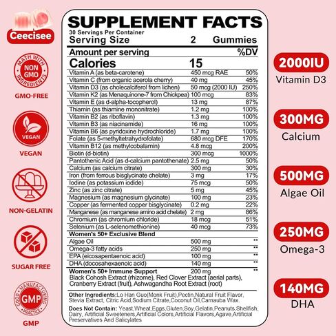 Vitamin Gummies for 50+ Women: Organic Vegan Multivitamin with Iron Omega3 B12 D3 Biotin Zinc Ashwagandha for Hair Skin Health Energy Immune Support - Sugar Free Chewable Supplement(120Count) in Saudi Arabia