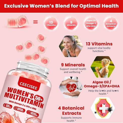 Vitamin Gummies for 50+ Women: Organic Vegan Multivitamin with Iron Omega3 B12 D3 Biotin Zinc Ashwagandha for Hair Skin Health Energy Immune Support - Sugar Free Chewable Supplement(120Count) in Saudi Arabia