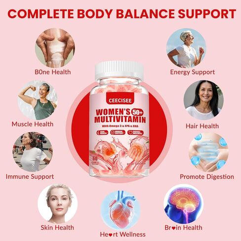 Vitamin Gummies for 50+ Women: Organic Vegan Multivitamin with Iron Omega3 B12 D3 Biotin Zinc Ashwagandha for Hair Skin Health Energy Immune Support - Sugar Free Chewable Supplement(120Count) in Saudi Arabia
