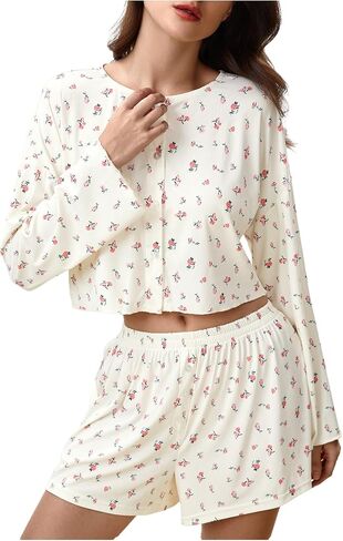 SHENHE Women's Floral Pajama Set Long Sleeve Button Up Crop Top and Shorts 2 Piece Loungewear in Saudi Arabia
