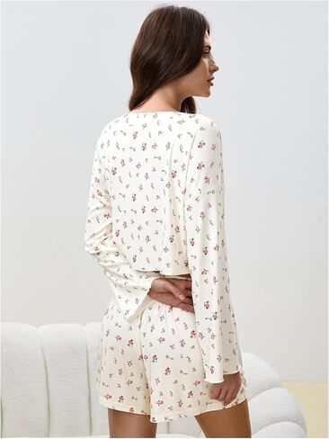 SHENHE Women's Floral Pajama Set Long Sleeve Button Up Crop Top and Shorts 2 Piece Loungewear in Saudi Arabia