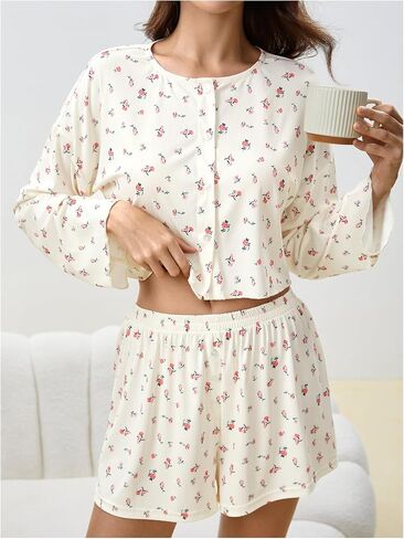 SHENHE Women's Floral Pajama Set Long Sleeve Button Up Crop Top and Shorts 2 Piece Loungewear in Saudi Arabia