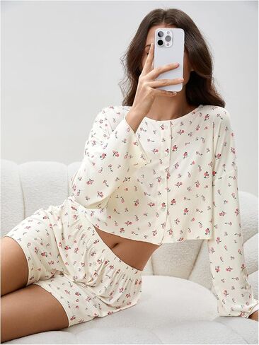 SHENHE Women's Floral Pajama Set Long Sleeve Button Up Crop Top and Shorts 2 Piece Loungewear in Saudi Arabia