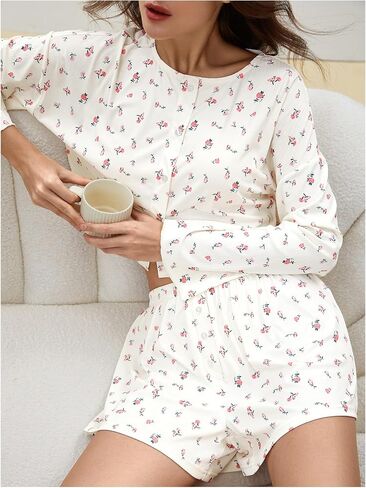 SHENHE Women's Floral Pajama Set Long Sleeve Button Up Crop Top and Shorts 2 Piece Loungewear in Saudi Arabia