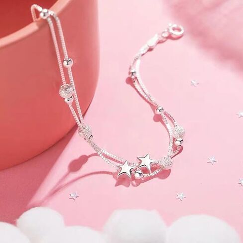Silver Bracelet For Women Trendy Layered Love Heart Star Charms Chain Bracelet Women’S Link Bracelets Jewelry Accessories in Saudi Arabia