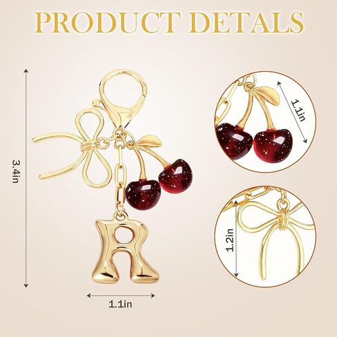 Snycler Bubble Initial Keychain with Bow & Cherry - Gold Letter Bag Charms for Women, Cute Purse Handbag Accessories in Saudi Arabia