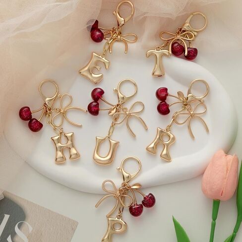 Snycler Bubble Initial Keychain with Bow & Cherry - Gold Letter Bag Charms for Women, Cute Purse Handbag Accessories in Saudi Arabia