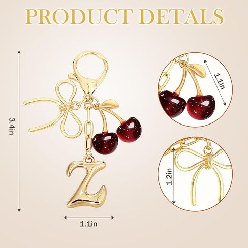 Snycler Bubble Initial Keychain with Bow & Cherry - Gold Letter Bag Charms for Women, Cute Purse Handbag Accessories in Saudi Arabia