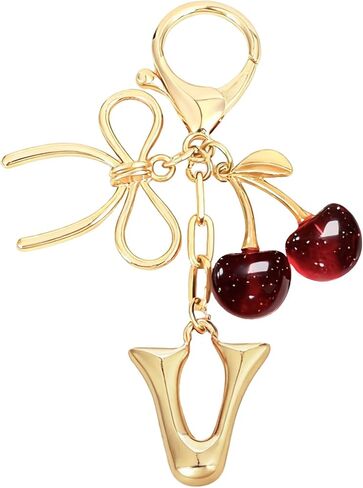 Snycler Bubble Initial Keychain with Bow & Cherry - Gold Letter Bag Charms for Women, Cute Purse Handbag Accessories in Saudi Arabia