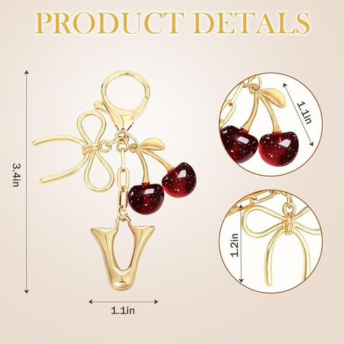 Snycler Bubble Initial Keychain with Bow & Cherry - Gold Letter Bag Charms for Women, Cute Purse Handbag Accessories in Saudi Arabia