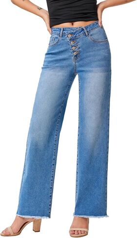 Sidefeel Women's Wide Leg Jeans High Waisted Stretchy Baggy Diagonal Waist Raw Hem Denim Pants in Saudi Arabia