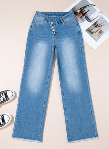 Sidefeel Women's Wide Leg Jeans High Waisted Stretchy Baggy Diagonal Waist Raw Hem Denim Pants in Saudi Arabia