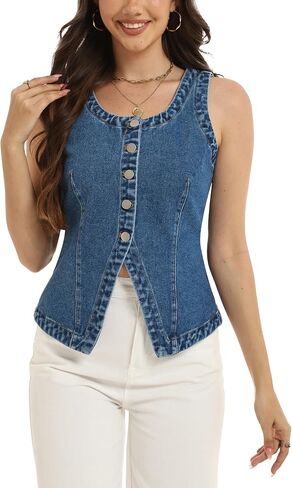 D-Sun Women Sleeveless Denim Vest Crewneck Button Down Jean Waistcoat Casual Front Slit Slim Denim Tank Top in Saudi Arabia
