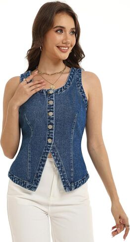 D-Sun Women Sleeveless Denim Vest Crewneck Button Down Jean Waistcoat Casual Front Slit Slim Denim Tank Top in Saudi Arabia
