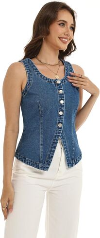 D-Sun Women Sleeveless Denim Vest Crewneck Button Down Jean Waistcoat Casual Front Slit Slim Denim Tank Top in Saudi Arabia