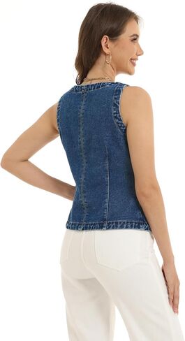 D-Sun Women Sleeveless Denim Vest Crewneck Button Down Jean Waistcoat Casual Front Slit Slim Denim Tank Top in Saudi Arabia
