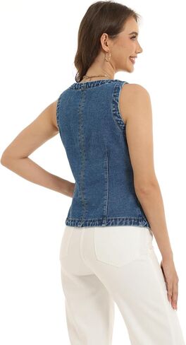 D-Sun Women Sleeveless Denim Vest Crewneck Button Down Jean Waistcoat Casual Front Slit Slim Denim Tank Top in Saudi Arabia