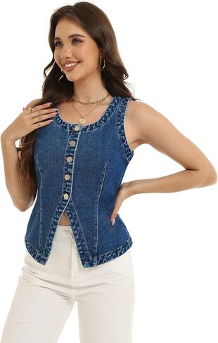 D-Sun Women Sleeveless Denim Vest Crewneck Button Down Jean Waistcoat Casual Front Slit Slim Denim Tank Top in Saudi Arabia